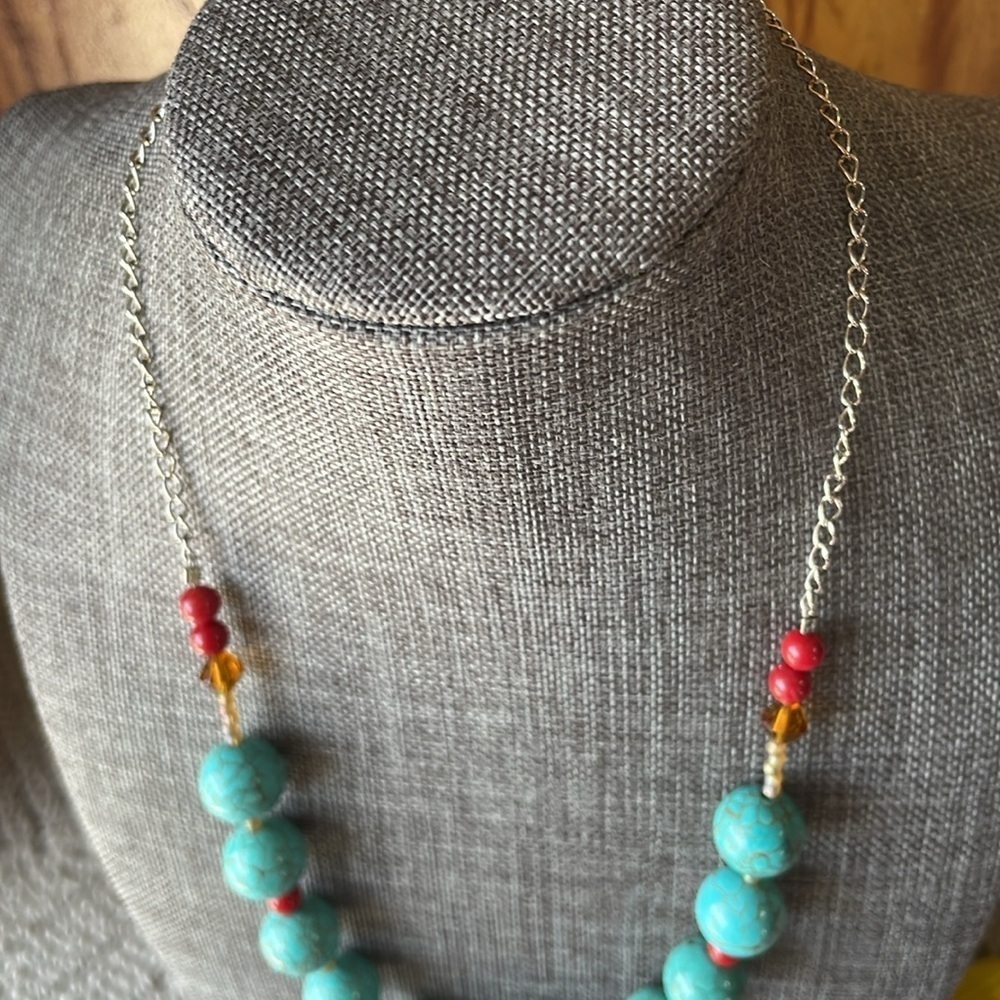 Sterling Silver Turquoise Glass / Coral Necklace - Picture 6 of 8
